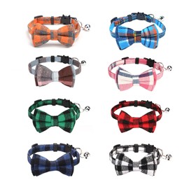 BRT Bearingshui Cat Collars Breakaway with Bow Bell, 8 Pack Kitten Collar Plaid Cat Collar, Adjustable Cute Plaid Safety Kitty Collars for Birthday Pet Party Supplies