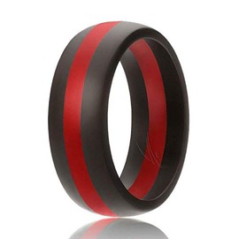 ROQ Silicone Rubber Wedding Ring for Men, Comfort Fit, Men's Wedding Band, Breathable Rubber Engagement Band, 8mm Wide 2mm Thick, Dome Style Middle Line, Solid Stripes, Single, Black & Red, Size 12