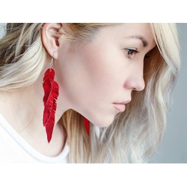 Red Long Suede leather Feather Earrings, layered earrings, tribal, Boho, dangle