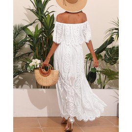 Holipick White lace Maxi Dress Off Shoulder Bridal Shower Boho Wedding Bride Reception Beach rehersal Dinner Dresses
