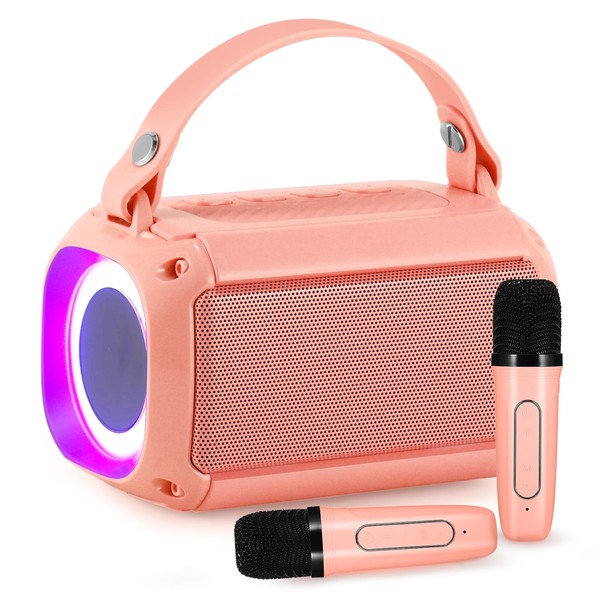 Karaoke Microphones, 2 Microphones Kids Karaoke Machines for Girls, Lossless Sound Portable Karaoke Machine with Colorful Lights, 5.3 Wireless Bluetooth for Families Birthday Party - Pink
