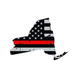 fagraphix Distressed New York State Shaped Subdued US Flag Thin Red Line Sticker Decal Self Adhesive fire Fighter Firefighter Rescue Support NY 5" Wide