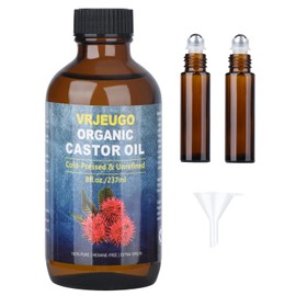 VRJEUGO Organic Castor Oil for Face Roll On，Rollerball Deep Hydration for Skin Care and Hair, Castor Oil Organic Cold Pressed Unrefined Glass Bottle 8oz with 2 Roller