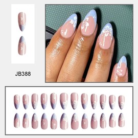 Press on Nails for Women Short Flowers French Almond Nail Tips Acrylic Nail Fake Nails Press 24 Pcs (Pink-06, S-06)