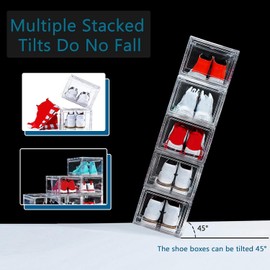 12 Pack Shoe Boxes, Clear Acrylic Plastic Shoe Boxes Stackable, Space-Saving Foldable Drop Front Shoe Storage Boxes Container for With Lids Fits Up to Size 15 (Transparency)