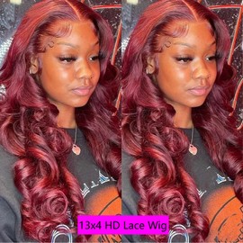 EVLYNN 13x4 HD Lace Front Wig 28 Inch Red Body Wave Glueless Lace Frontal Wig Cap Headband Burgundy Red Wig Pre-plucked Hairline Synthetic Heat Resistent Fiber Hair Wigs for Black Women