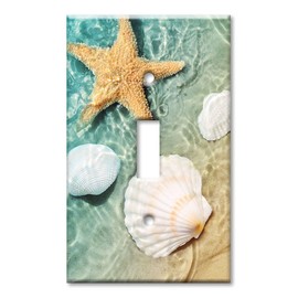 Art Plates - OVERSIZED Metal Switch Plate - OVER SIZE Wall Plate - Single Gang Toggle Switch Plate - Wall Plate - Sea Shells and Star Fish in Ocean Beach Tide Pool - (Made in USA)