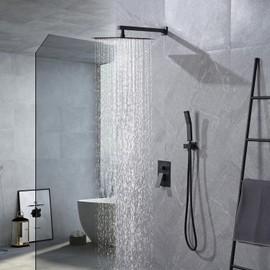 Black shower faucet set, Rain shower Head with Handheld Spray, Wall Mounted Shower Fixtures, Solid Brass Pressure Balancing Shower Mixer Valve 12 Inch