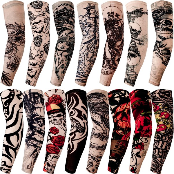Qpout 15 Pcs Unisex Tribal Totem Skull Flower Tattoo Sleeves for Men Women Outdoor Cycling Basketball Sunscreen Elastic Nylon Tattoo Sleeves