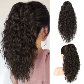 SEIKEA 18" Ponytail Extension Claw, PT002 Tia Long Multi Layered Hair FluffyThick Wavy Curly Clip in Hair Extensions Ponytail Natural Soft Synthetic Hairpiece for Women Black Brown