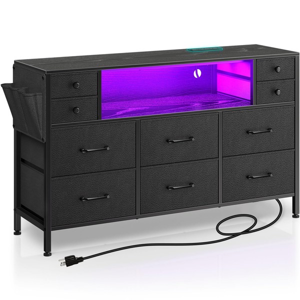 Rolanstar Dresser with Power Outlets and LED Lights, 10 Drawers Dresser with Side Pocket, Fabric Chest of Drawers with PU Finish, Wide Dresser with Sturdy Frame & Wood Top for up to 55inch TV, Black