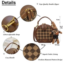 RTGGSEL Quilted Lattice Crossbody Shoulder Bags for Women Small Tote Square Satchel Handbags Purse with Bunny Doll Pendant, Round Houndstooth Brown, Women Sling Shoulder Handbag