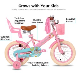 JOYSTAR Little Daisy 14 Inch Kids Bike for 3 4 5 Years Girls with Handbrake Children Princess Bicycle with Training Wheels Basket Streamer Toddler Cycle Bikes Pink