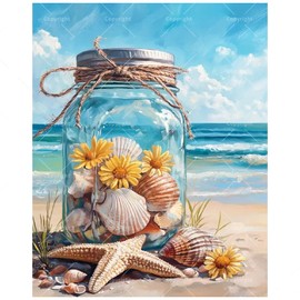 TAOPAOLAB Beach Scene Paint by Numbers Kit for Adults - DIY Seashell Jar with Flowers Painting on Canvas 16x20 Inch, Acrylic Paint Set, Suitable for Beginners, Art for Home Decoration or Gifts