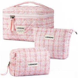 Lodmemo Makeup Bag 3 PCS Quilted Cosmetic Bags for Women, Large Travel Make up Bag Set Cute Cotton Toiletry Bag Organizer Pouch for Purse, Pink
