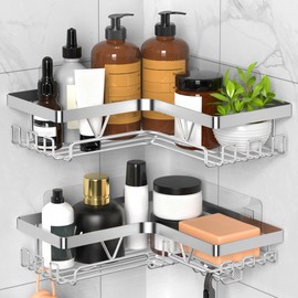 KEGII Shower Caddy, Rustproof Shower Shelf with Soap Holder & 14 Hooks, No Drilling Bathroom Rack Storage, Stainless Steel Organizer for Bathroom