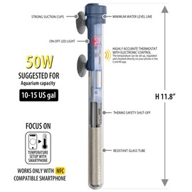 Sicce Scuba 50 Watt Aquarium Fish Tank Heater Smartphone Controlled via NFC Contactless App Adjustable | 50W Submersible for Marine Saltwater and Freshwater | Run Dry Protection