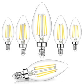 Dimmable E12 LED Candelabra Bulbs 60W Equivalent, 5000K Daylight White, 600 Lumens B11 Candle Base 6W C35 LED Filament Vintage Light Bulbs, Clear Glass for Chandelier Ceiling Fan High CRI 90+, 6-Pack