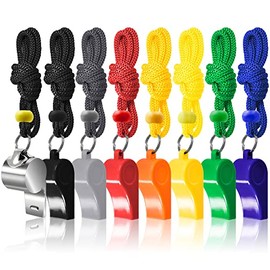 FineGood 8 Unidades Entrenadores Arbitro Silbatos con Cordones, 7 Colorido Plástico y 1 Acero Inoxidable Metal Silbatos para Supervivencia Emergencia Salvavidas Deportes Futbol Entrenamiento