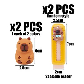 2 Capybara Pencil Sharpener, 2 Push and Pull Eraser, Cute Cartoon Animals, Fun Stationery Set, School Office Supplies.