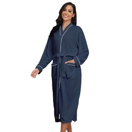 RONGTAI Women's Waffle Robe Soft Long Sleeve Bathrobe with Belted and 2 Pockets Lightweight Loungewear for Sleep Spa Travel (Navy Blue, M)