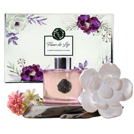 Reed Diffuser Set, Pretty Valley Home Diffuser Rose Petals Ceramic White Flower Oil 100Ml / 3.38fl OZ Gift Box for Bathroom Office Bathroom Living Room Decor (Fleur DE LYS)