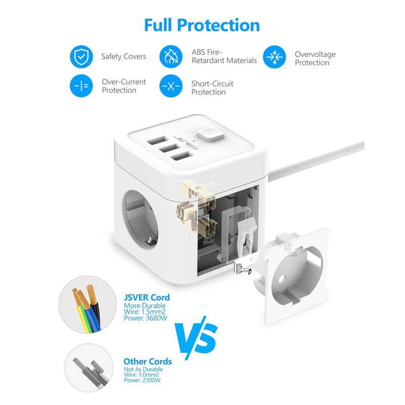 JSVER Power Strip 3 m Cube Multiple Socket 3 Compartments