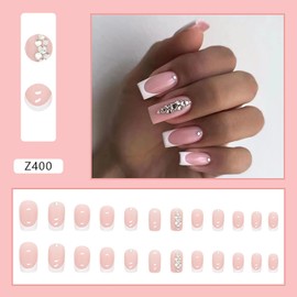 Press on Nails Square French Tip 24Pcs Glossy Full Cover Artificial White Medium Fake Nails with Rhinestone Designs Coffin Acrylic False Nails Sets Glue Stick on Fingernails with Charm for Women