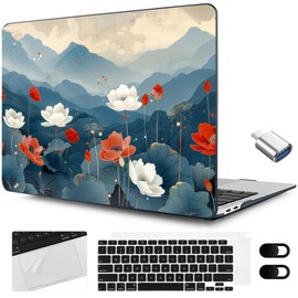 MEEgoodo for MacBook Air 13.3 inch Case 2021 2020 2019 2018 A2337 M1 A2179 A1932, Laptop Shell for MacBook Air M1 with Keyboard Webcam Cover & Trackpad Film & Type C Adapter,Lotus Fields