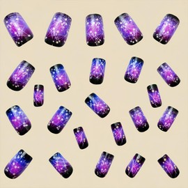 Purple Press on Nails Medium Square Fake Nails Purple Black Gradient False Nails with Starry Sky Designs French Acrylic Nails Reusable Full Cover Stick on Nails for Women and Girls 24 Pcs