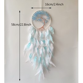Donko Dream Catcher for Girls, Tree of Life Crystal Dream Catcher, White Cyan Feather Dream Catchers Wall Hanging for Bedroom Adult Kids Wall Art Ornament Craft Gifts