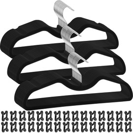 30 Pack Pants Hangers Non Slip, Velvet Hanger for Closet with 30 Hooks, Strong Durable Slimline Space Saving Pants Hanger, Ultra Thin Flocked Hangers for Pants/Shirts/Bra/Shorts (Black)
