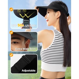 Angel season Outdoor Sun Hats for Women Visor Hat Wide Brim UV UPF Protection Packable Ponytail Beach Fishing Hat Travel, Black