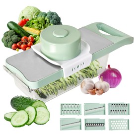 6 in 1 Adjustable Stainless Steel Mandoline Vegetable Slicer with Collecting Container, Thick/Thin Cutter, Grater for Vegetables and Cheese, Potato Slicer, Carrot Grater, Garlic Grater, with Finger