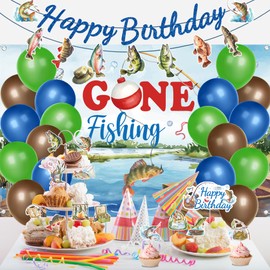 Gone Fishing Birthday Party Decorations - 34PCS Fishing Party Decorations Including Fishing Hanging Banner Backdrop Balloons Cupcake Topper Fishing Party Supplies Fishing Themed Kit