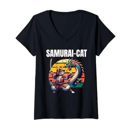 Womens Samurai Cat Dragon V-Neck T-Shirt