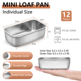 LIANYU 12 Pack Mini Loaf Pan for Baking Bread, 6.3 x 3.5 Inch Stainless Steel Small Bread Loaf Pan for Homemade Meatloaf, Tin Loaf Baking Pan Perfect for Banana Sourdough Sandwich, Dishwasher Safe