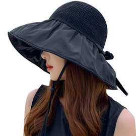 Women's Sun Hats with Wide Brim UV Protection Mesh Straw Hat Summer Foldable Beach Hat UPF 50+, Black, black