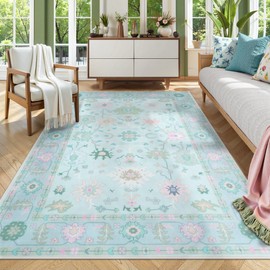 LIVEBOX Washable Oushak Rug for Living Room, Non Slip Boho 5 x 7 Area Rug for Bedroom, Soft Turkish Rugs Vintage Mat, Large Floral Dining Room Rugs Indoor Carprt for Kids Nursery Room, Blue