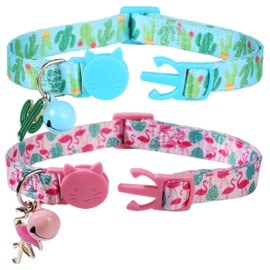 BoomBone Cactus Cat Collar with Bell and Matching Charm, 2 Pack Breakaway Famingo Kitten Collar