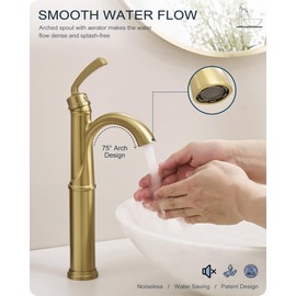 HOIGY Gold Vessel Sink Faucet, Brass Tall Bathroom Sink Faucet One Hole with 1 Handle, Pop Up Drain, cUPC Supply Hoses & Aerator for Above Counter Basin, Arched Spout Design, 5 Mins Quick Installation