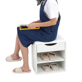 Ejoyous Shoe Bench with Storage, Hallway Shoe Bench with Padded Seat Wooden Shoes Storage Organizer Cabinet with 3 Compartments, Modern Dressing Table Stool for Entryway, Bedroom