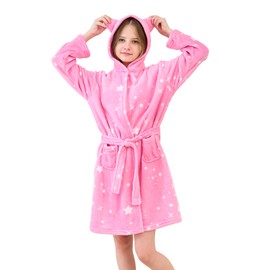 Ceruwum Cat Ears Dressing Gown for Girls - Soft Hooded Robe Sleepwear Kids (Rose Stars, 12-13 Years)
