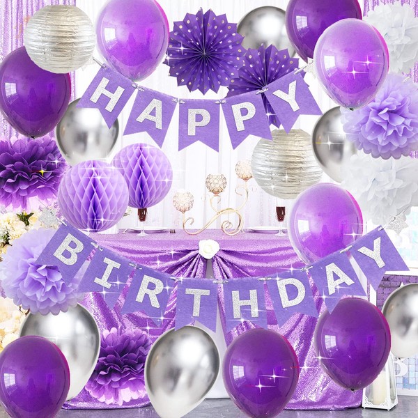 Birthday Party Decorations for Women Purple Silver Happy Birthday Banner Purple Balloons Polka Dot Paper Fans/Girl Purple Birthday/Women 40th/50th/60th Purple Birthday Party Decorations