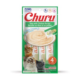 INABA Churu Cat Treats, Grain-Free, Lickable, Squeezable Creamy Purée Cat Treat/Topper with Vitamin E & Taurine, 0.5 Ounces Each Tube, 4 Tubes, Tuna with Chicken Recipe