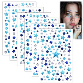 6 Sheets Blue Face Gems Stick, Star Rhinestone Face Jewels Gems Self-Adhesive Body Gem Independence Day Jewels Stickers Diamonds for Women Eyes Cheeks Nails Hair Body Festival Makeup