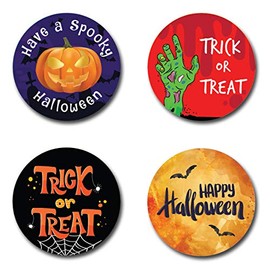 48 x Halloween Round Stickers for Party Bags, Trick or Treating or Sweet Cones - Pumpkin, Zombie Hand, Bats and Spiders Web (48 x Stickers)