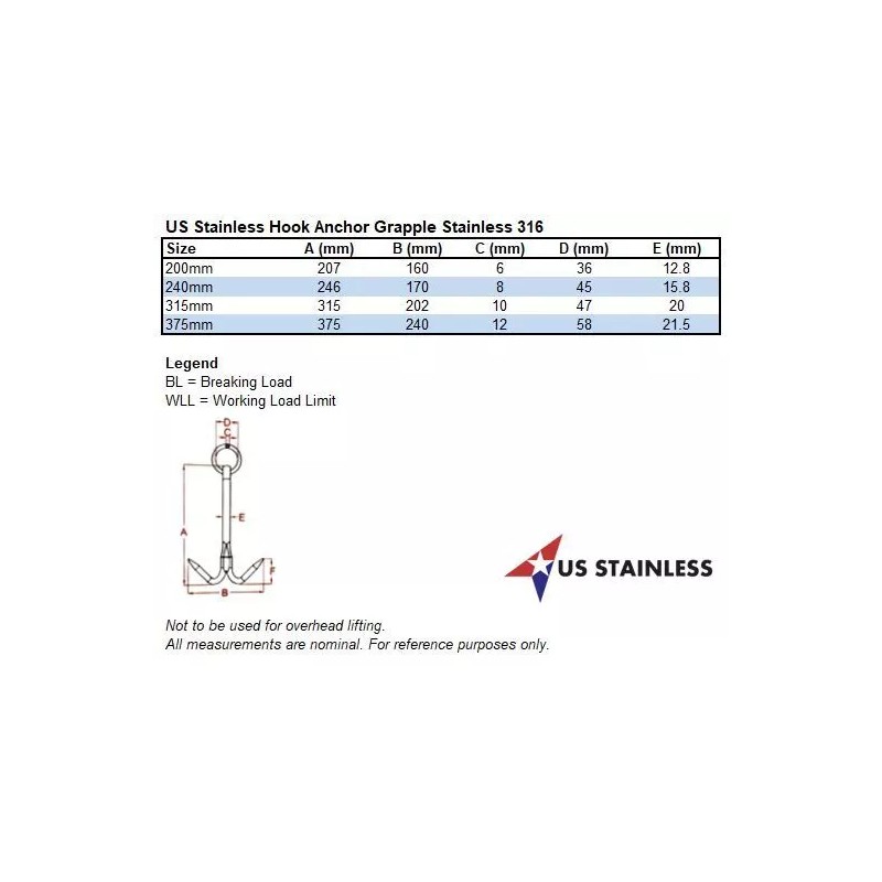 US Stainless Stainless Steel 316 Hook Anchor 12.5" (315mm) Marine