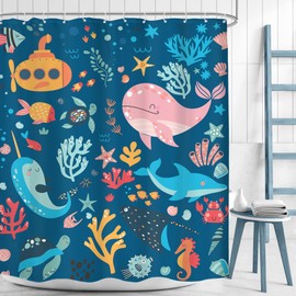 Mitpok Navy Blue Kids Shower Curtain 60Wx72H Kid Ocean Summer Cartoon Whale Cute Funny Fish Sea Animal Underwater Submarine Coastal Bathroom Decor Boy Girl Bath Curtain Polyester 12 Pack Hooks