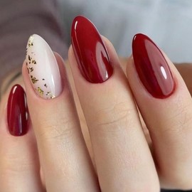24 Pcs Press on Nails Short Almond - ZIFANHU Wine Red Fake Nails Press ons Nail Art Tip Full Cover Acrylic Glossy False Nails with Kinpaku Design Glue on Nails Stick on Nails for Women
